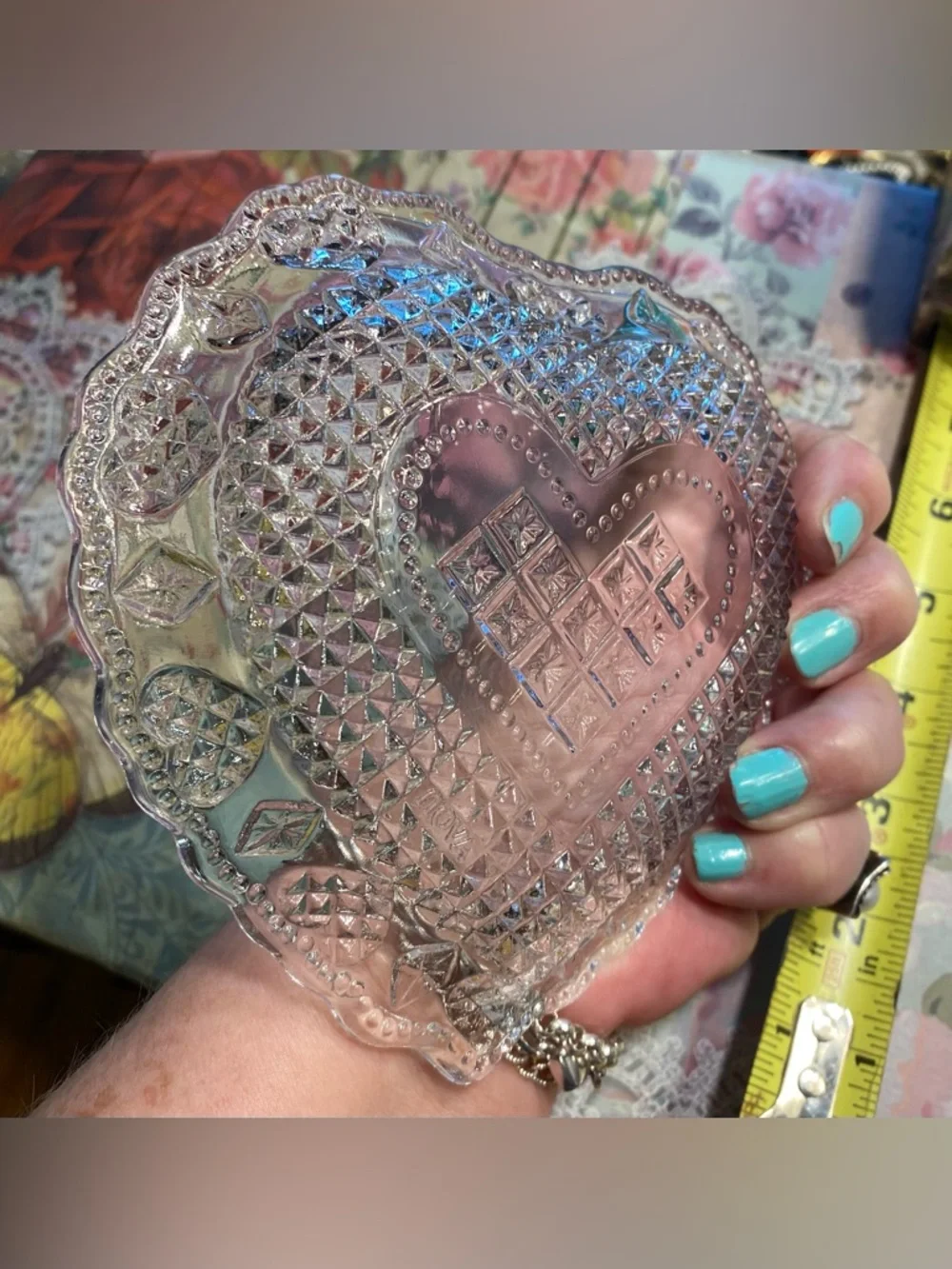 Vintage Avon Fostoria Diamond Point Clear Glass Heart Shape Trinket jewelry dish